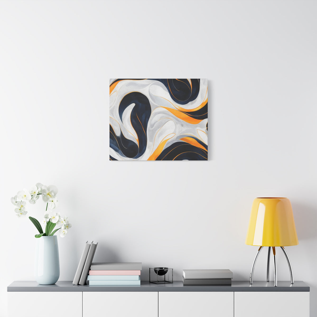 Abstract Fluid Art Matte Canvas Print — Navy, Gold & White Stretched Wall Art