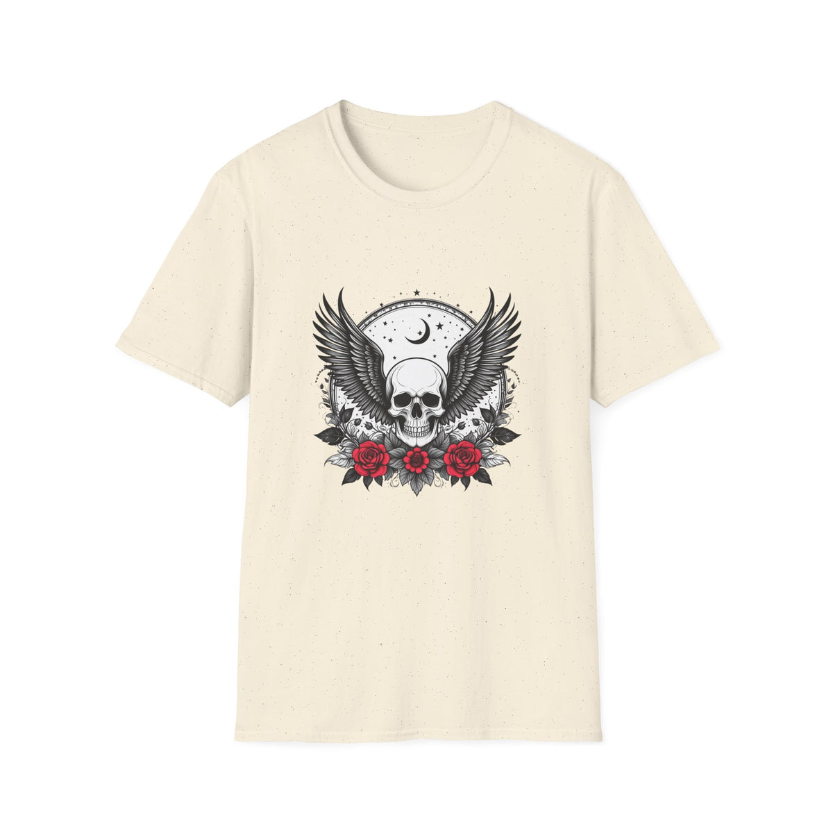 Skull Wings T‑Shirt – Crescent Moon & Red Roses Gothic Graphic Tee