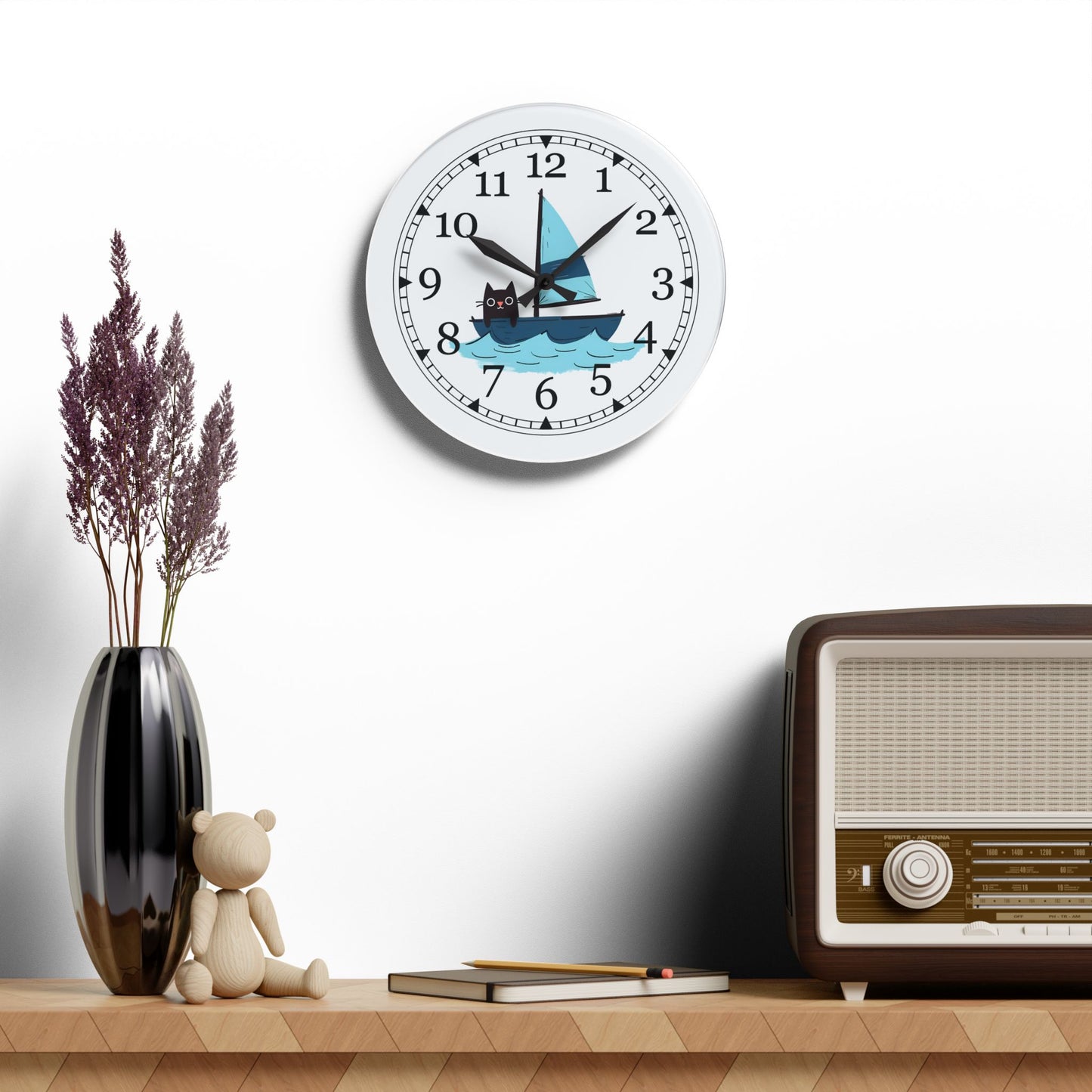 Sailing Cat Acrylic Wall Clock, Cute Home Decor