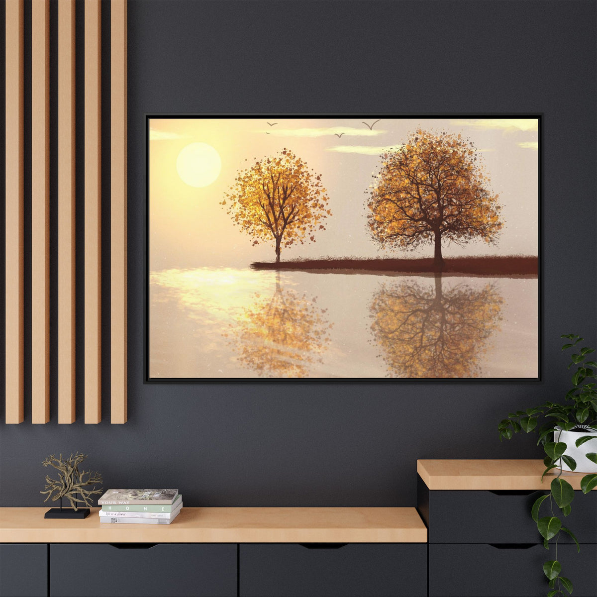 Framed Matte Canvas Wall Art — Golden Autumn Trees Reflection