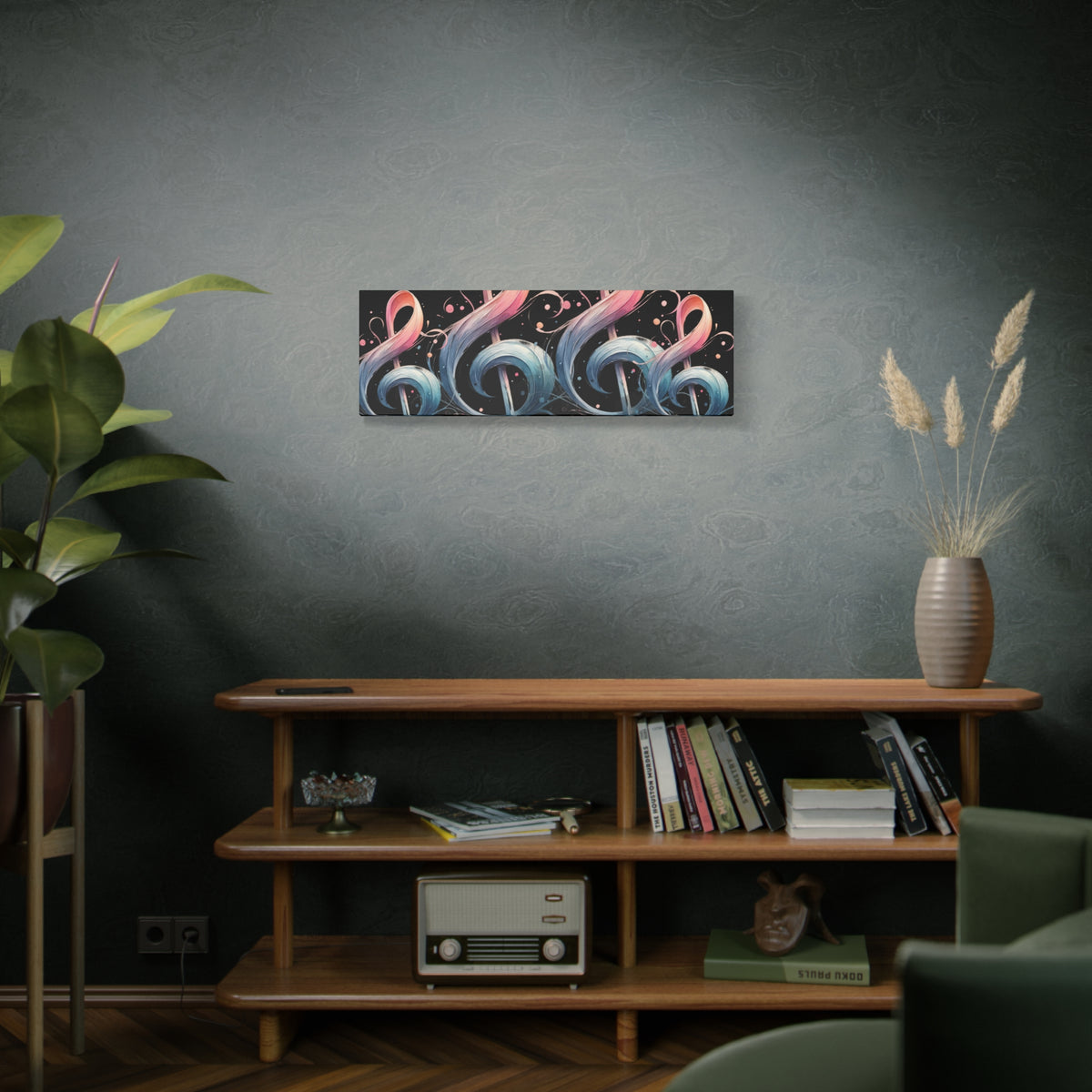 Musical Treble Clef Canvas Wall Art — Pastel Ribbon Notes on Black