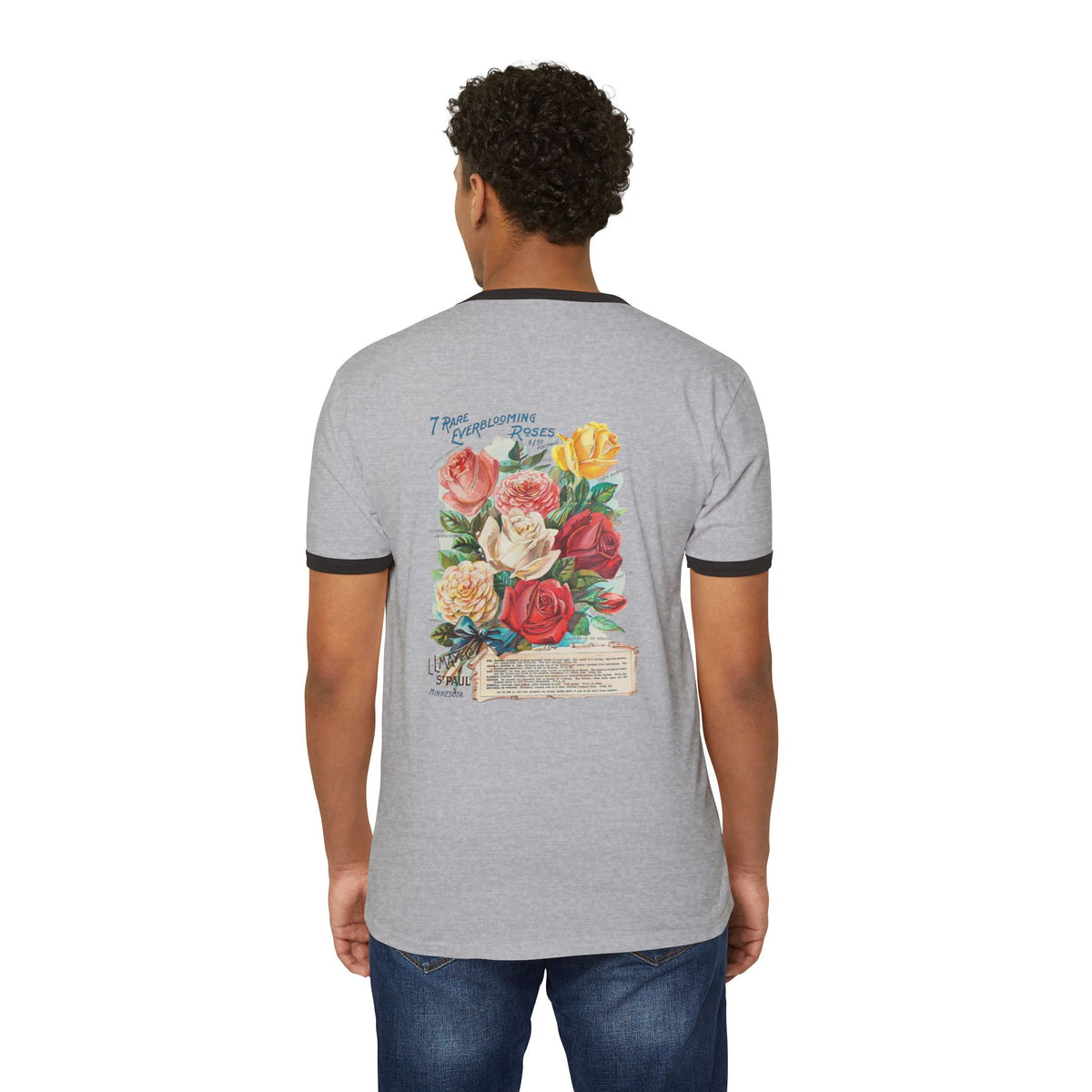 Vintage Floral Ringer Tee – '7 Rare Ever-Blooming Roses' Retro Bouquet Graphic