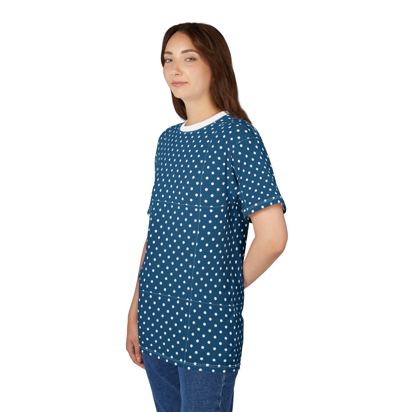Navy Polka Dot Unisex Tee, Stylish Everyday Wear, Casual Gift, Summer Outfit, Birthday Celebration, Trendy Fashion Tee, AOP Design
