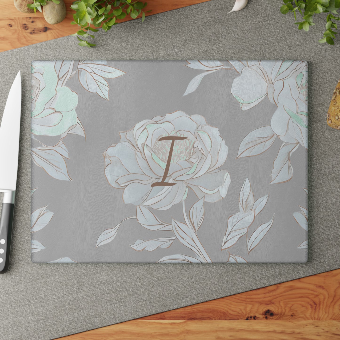 Personalized Floral Glass Cutting Board Letter I