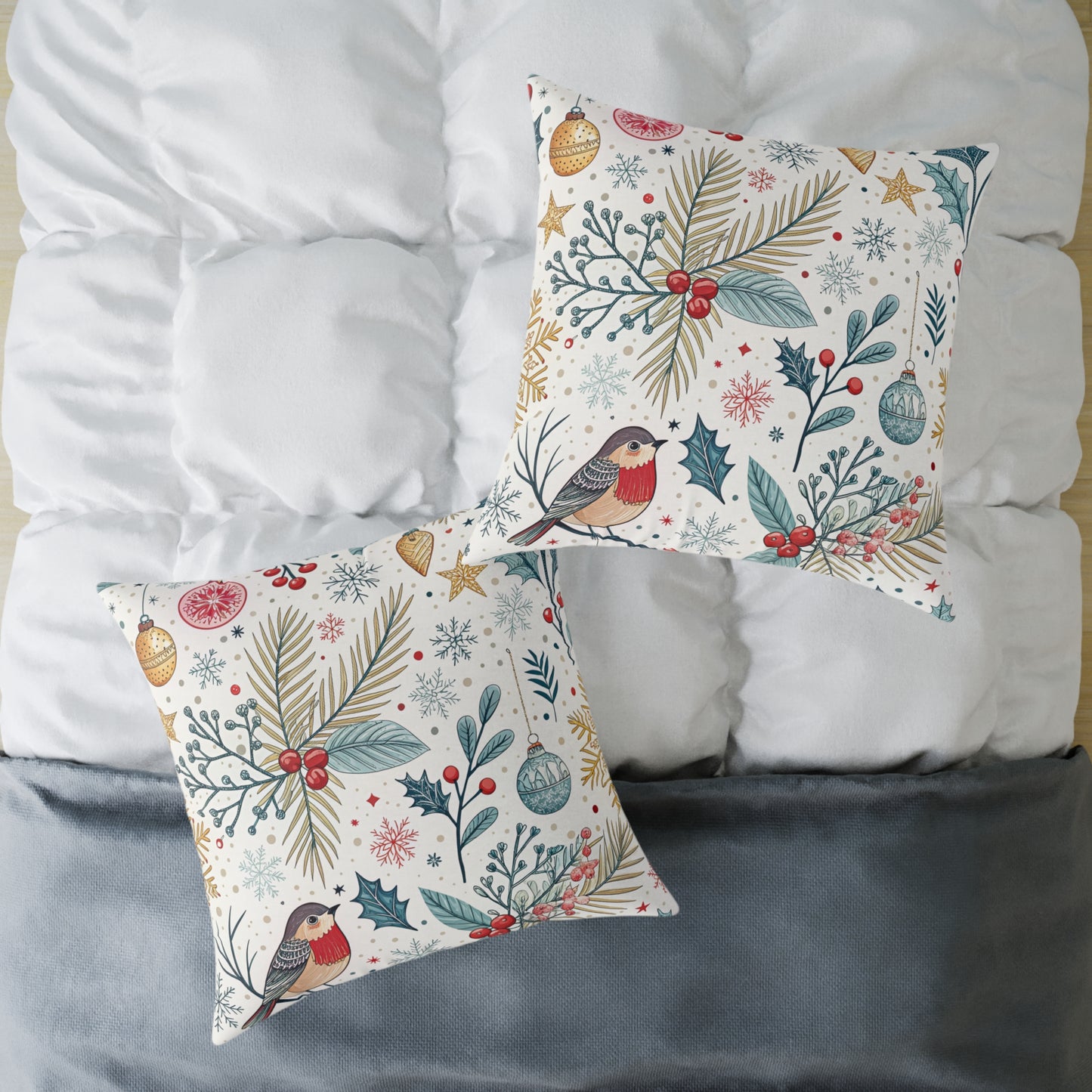 Festive Robin Holiday Pillow — Christmas Botanical Decorative Throw Pillow