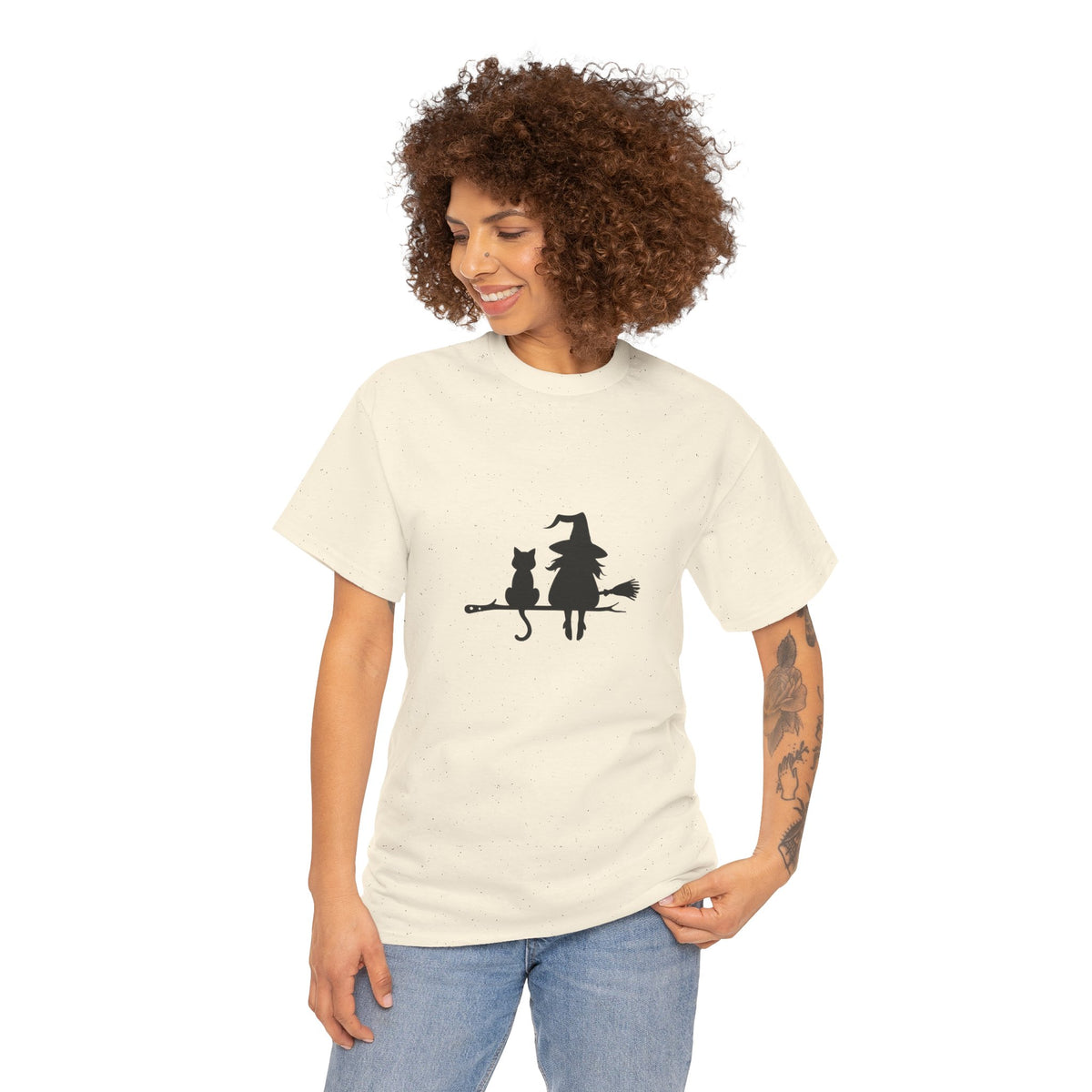 Witch and Cat Tee | Spooky Unisex Shirt for Halloween | Cute Witchwear for Cat Lovers | Fall Wardrobe Essential | Gift for Magical Friends
