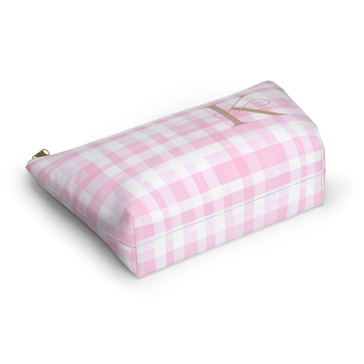 Personalized Pink Gingham Accessory Pouch, Makeup Bag - Letter K