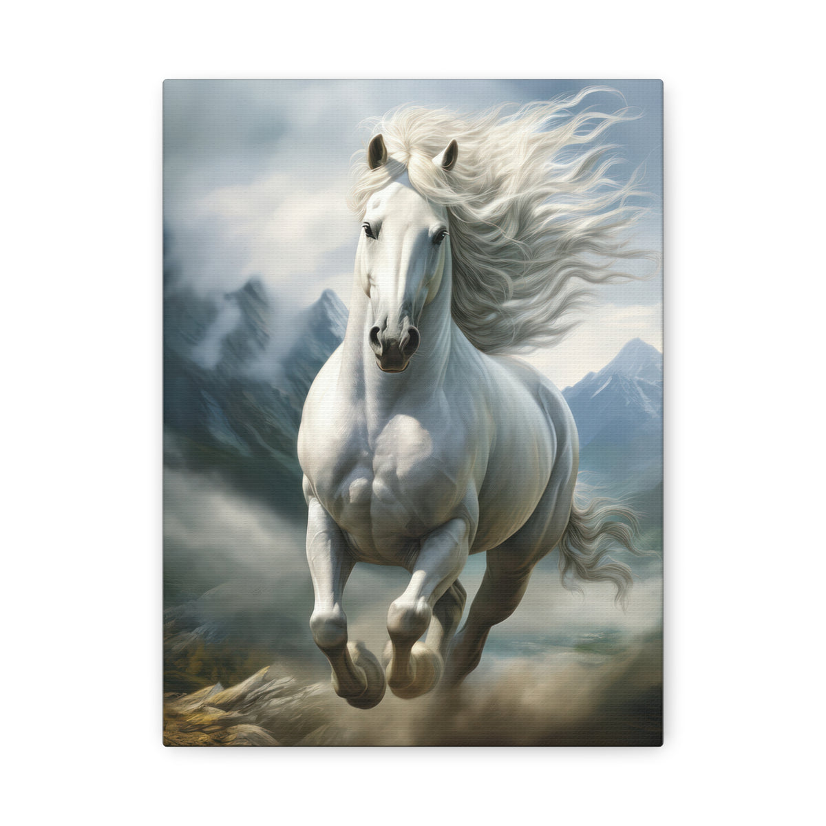 White Stallion Canvas Print – Majestic Galloping Horse Wall Art