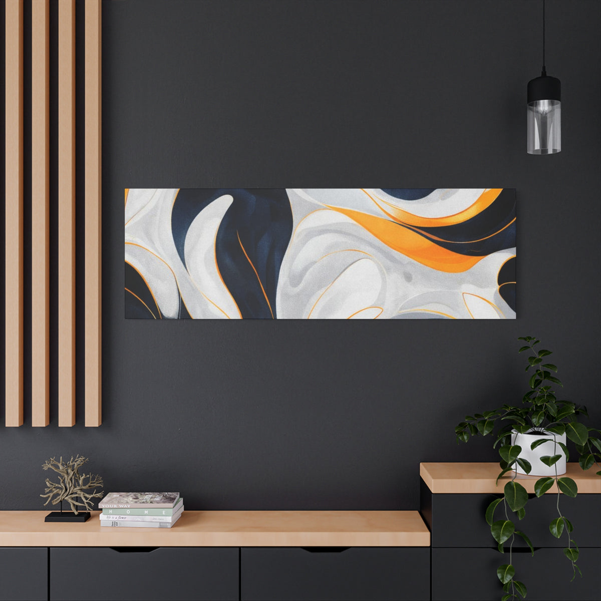 Abstract Fluid Art Matte Canvas Print — Navy, Gold & White Stretched Wall Art