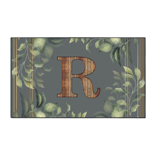 Personalized Monogram Floor Mat - Rustic Wood 'R' with Greenery Welcome Rug - Letter R