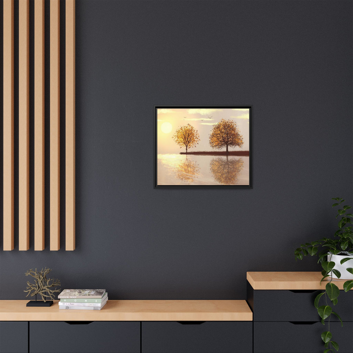 Framed Matte Canvas Wall Art — Golden Autumn Trees Reflection