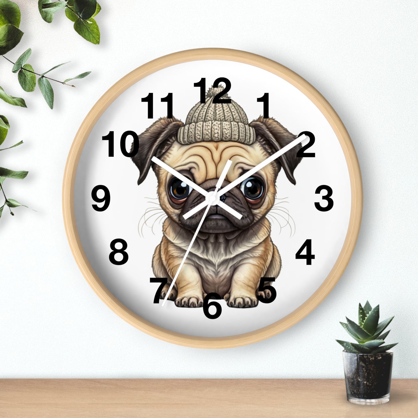 Cute Pug Wall Clock — Adorable Pug Puppy in Beanie Decorative Clock for Dog Lovers