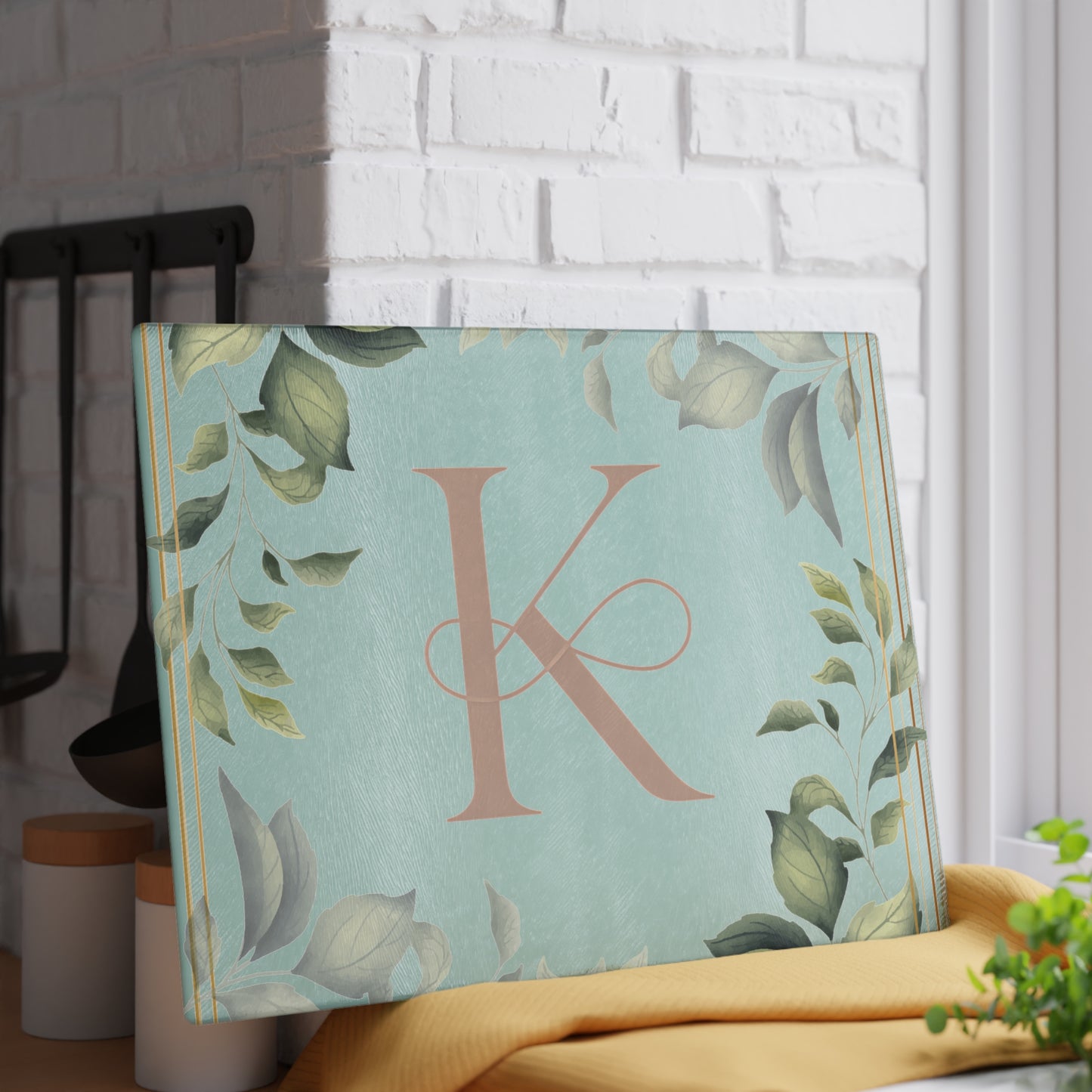 Monogram K Glass Cutting Board — Botanical Greenery Initial Kitchen Serving Board