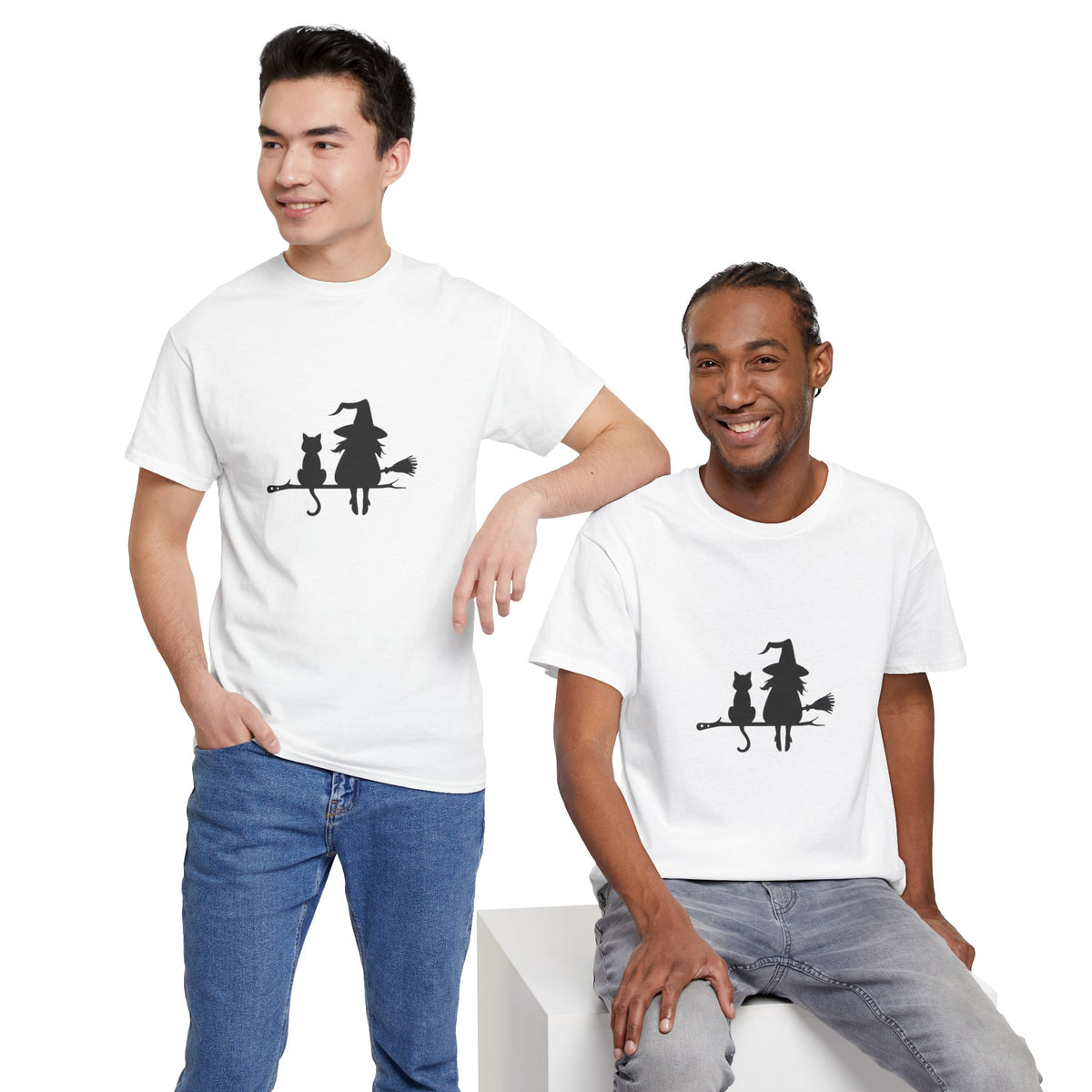 Witch and Cat Tee | Spooky Unisex Shirt for Halloween | Cute Witchwear for Cat Lovers | Fall Wardrobe Essential | Gift for Magical Friends