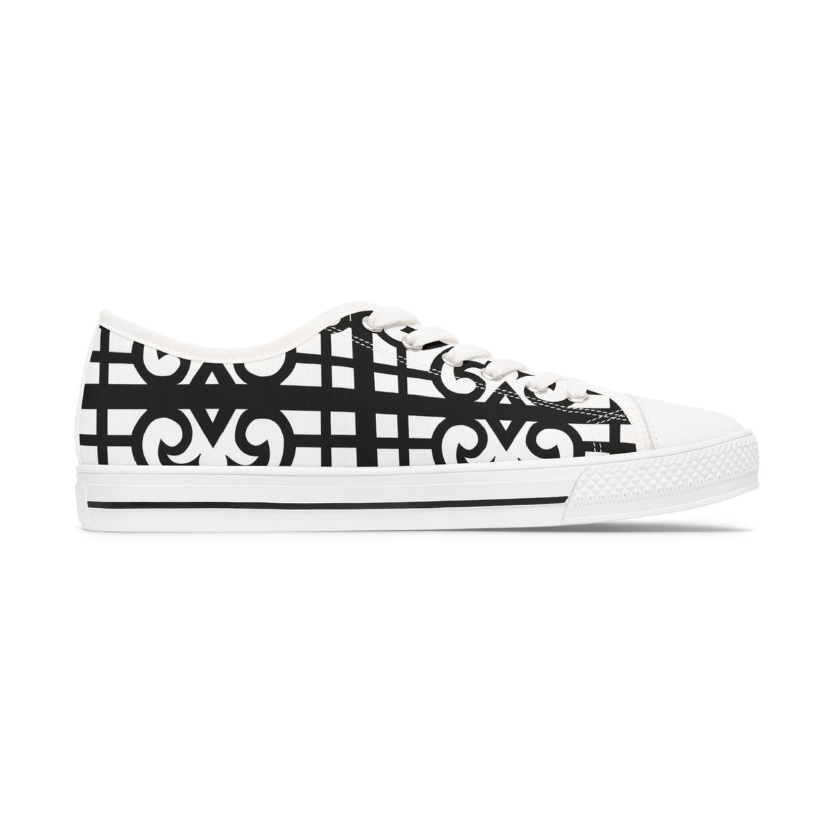 Low Top Sneakers — Black & White Geometric Lattice Pattern