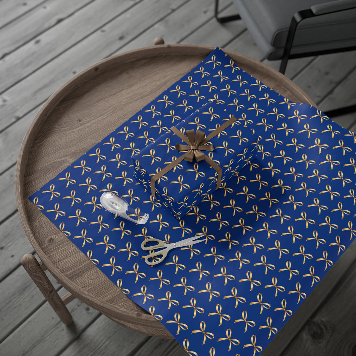 Wrapping Paper — Blue Gift Wrap with Gold Ribbon Pattern
