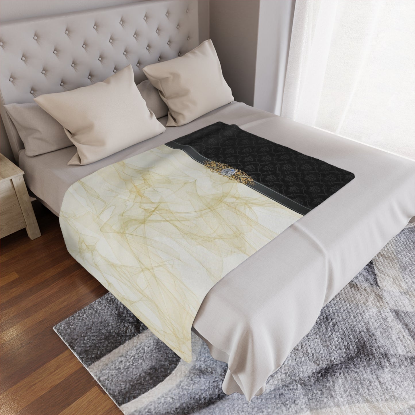 Luxury Gold Smoke Minky Blanket — Elegant Damask Accent with Ornate Gem Detail