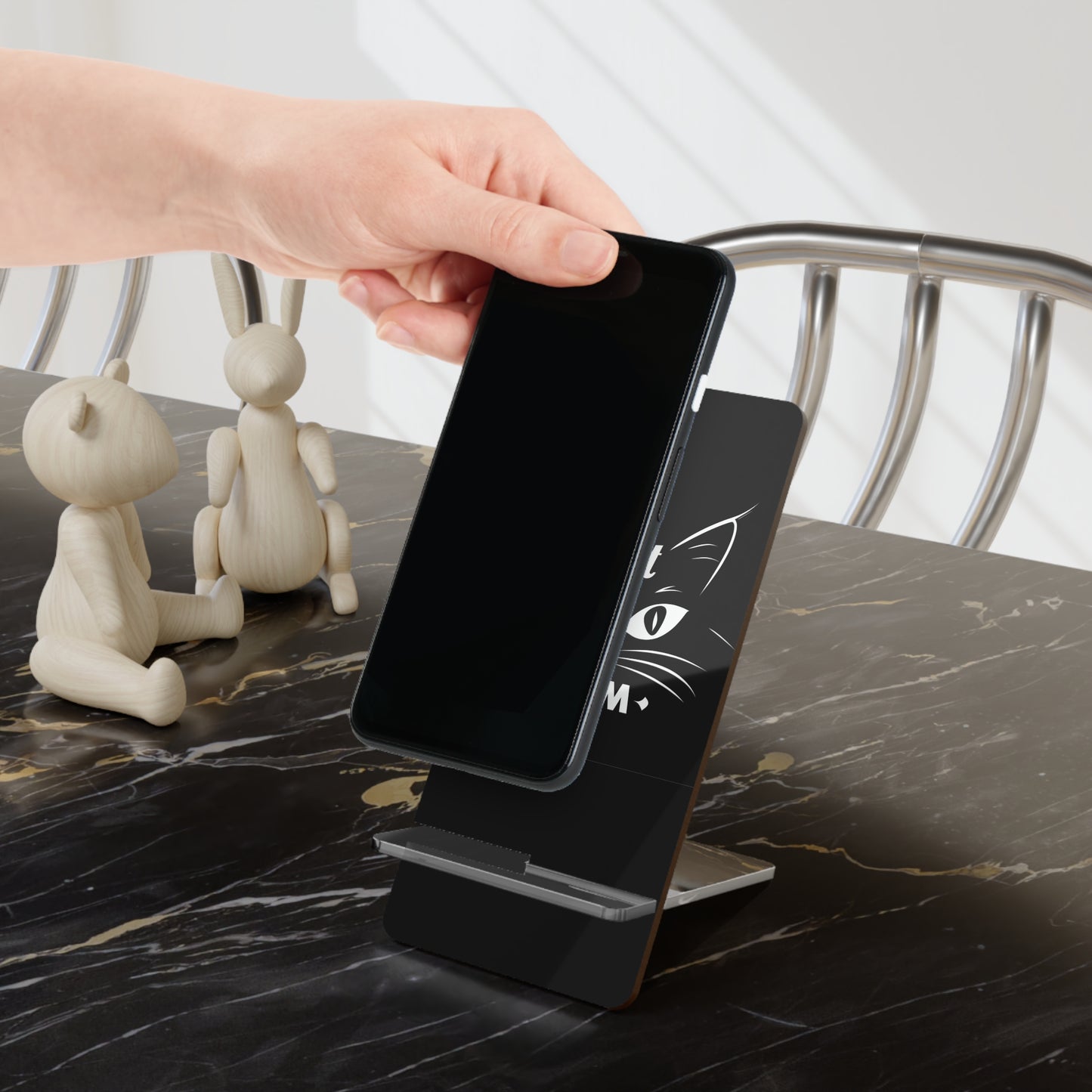 Phone Stand — "Cat Mom" Black Acrylic Mobile Display Stand
