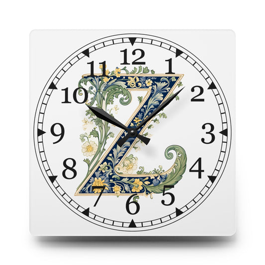 Floral Monogram "Z" Acrylic Wall Clock — Vintage Botanical Initial Clock