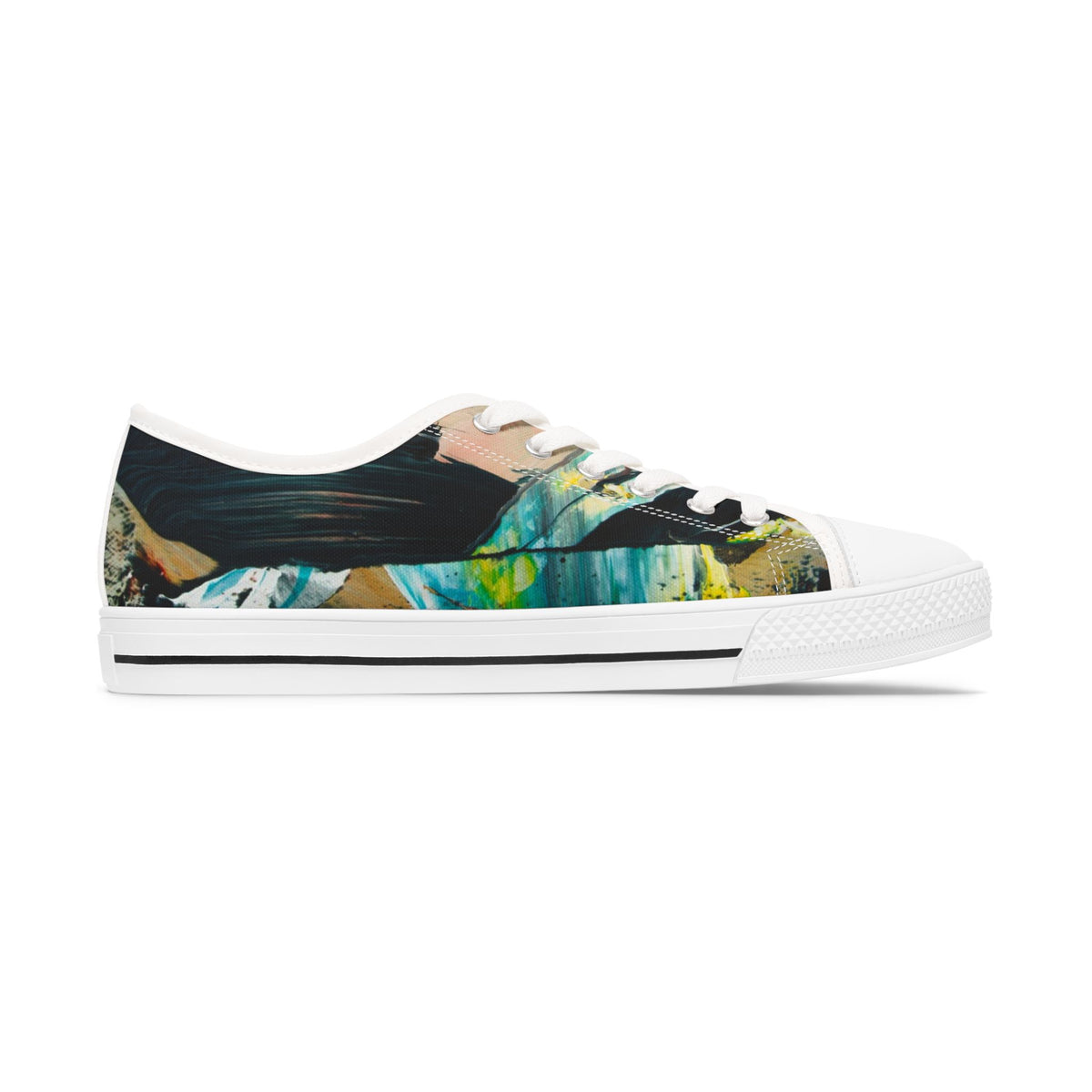 Low Top Sneakers — Abstract Teal & Yellow Brushstroke Canvas Shoes