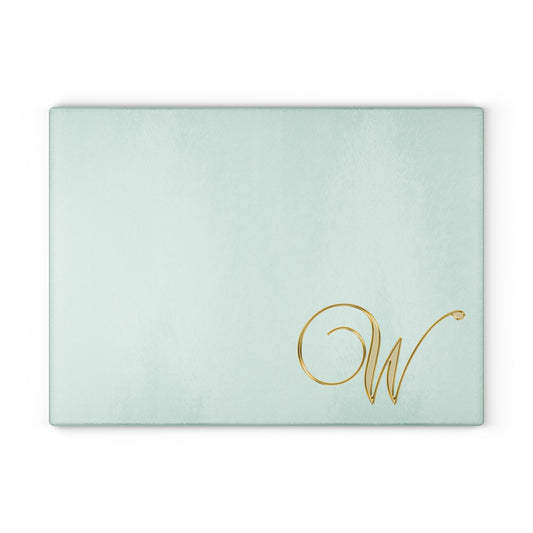 Monogram Glass Cutting Board - Elegant Mint with Gold Script "W"