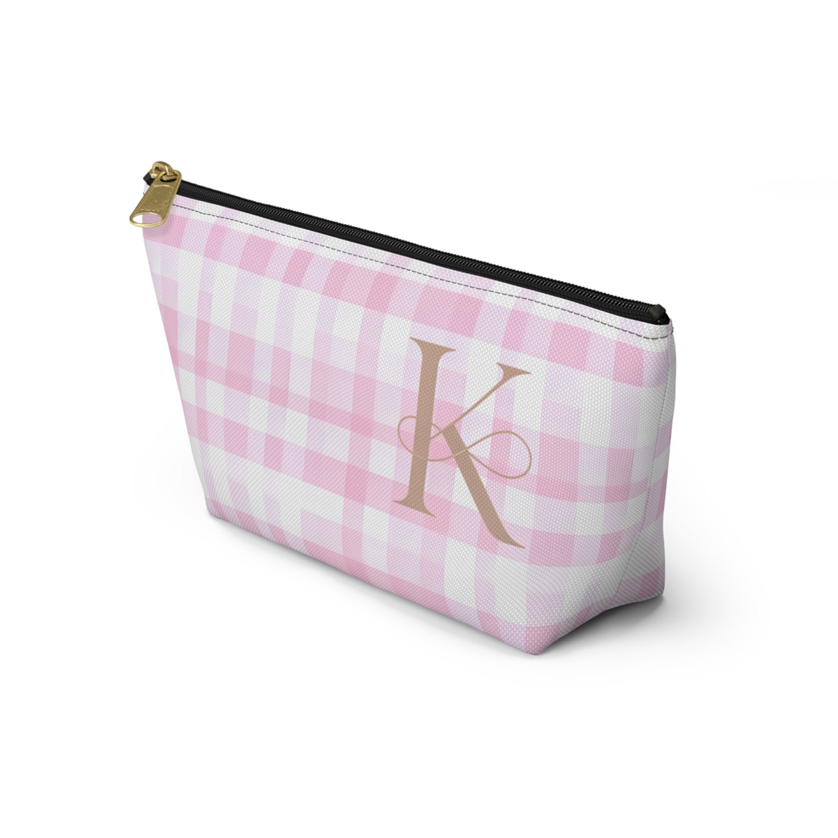 Personalized Pink Gingham Accessory Pouch, Makeup Bag - Letter K