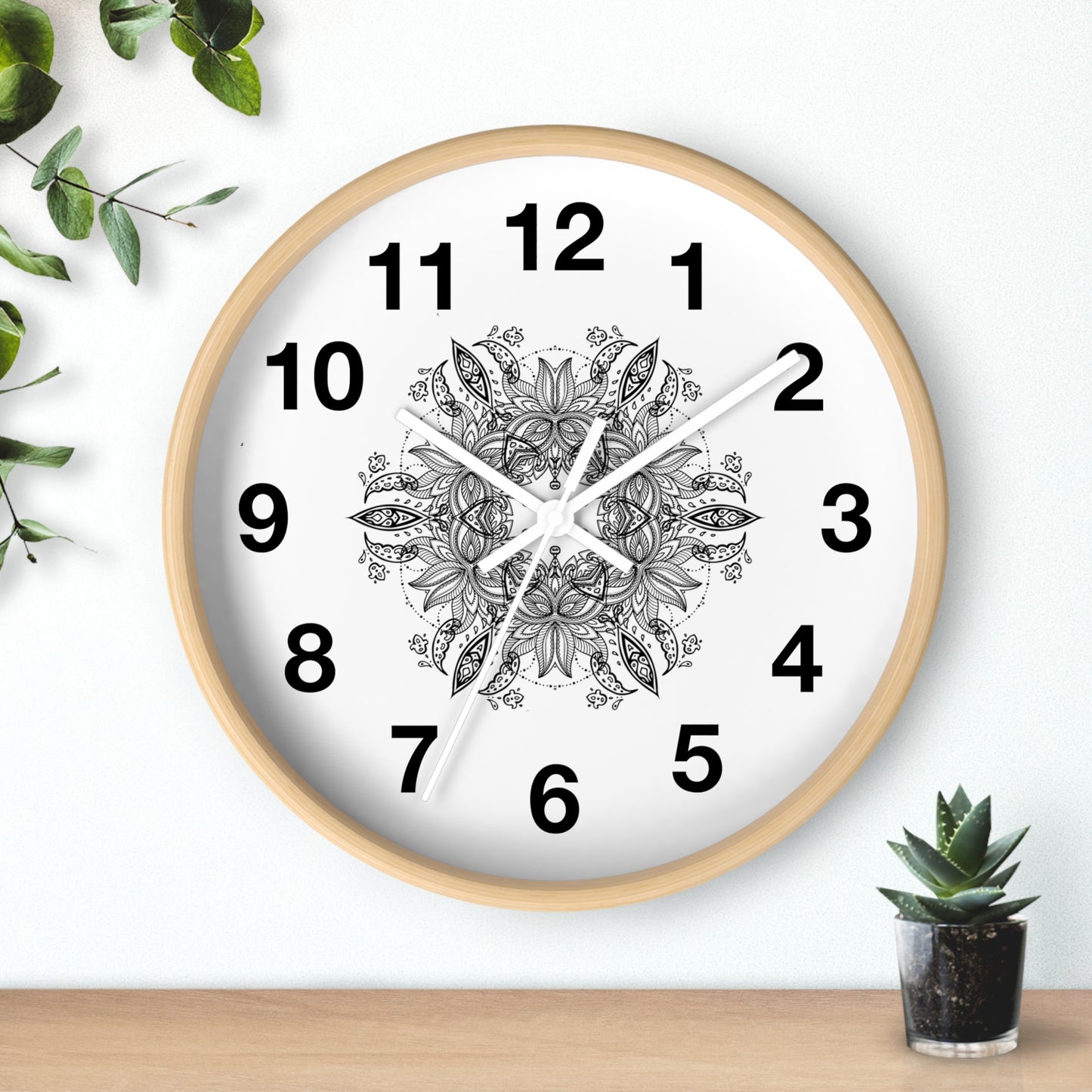 Mandala Wall Clock — Black & White Floral Boho Home Décor