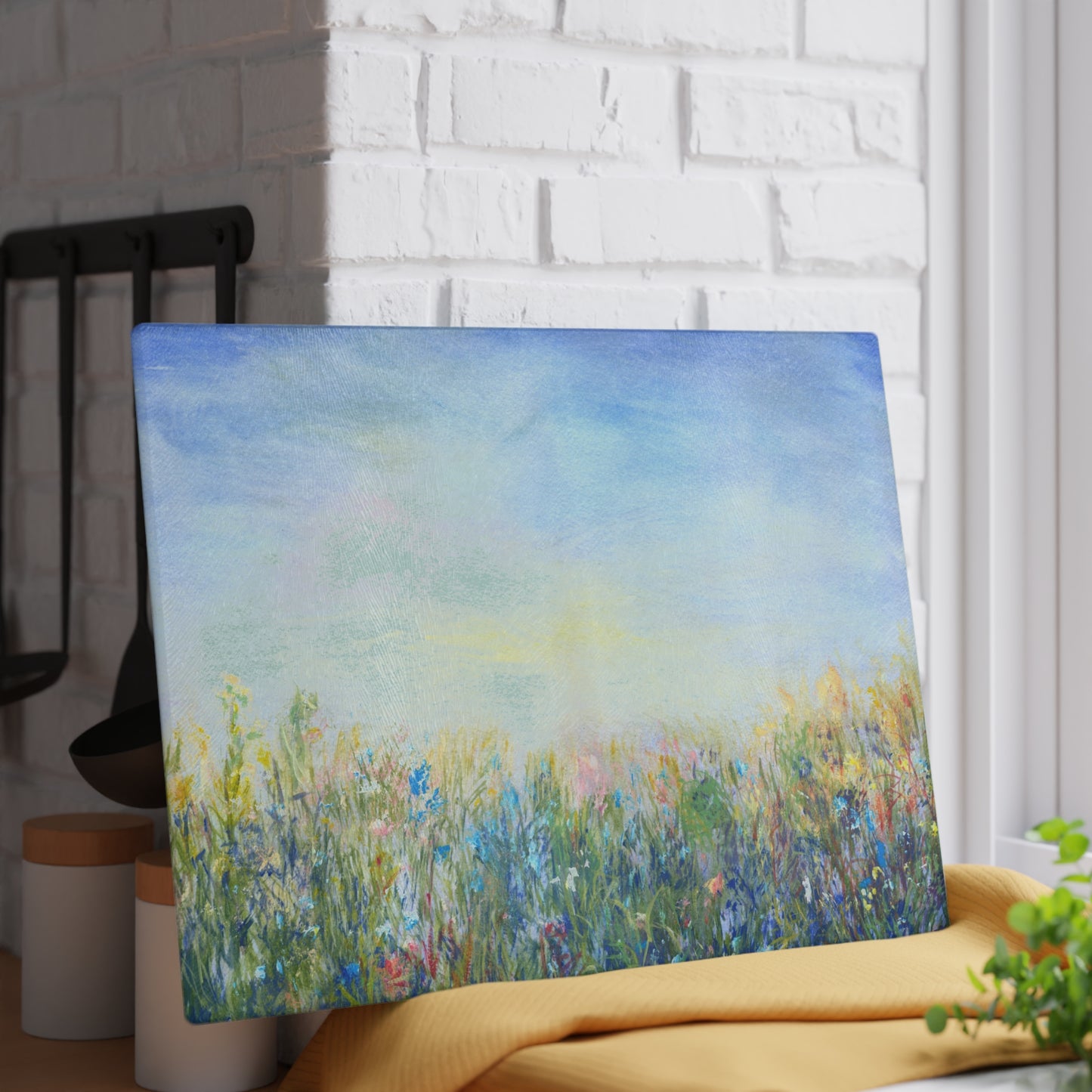 Glass Cutting Board — Soft Pastel Wildflower Meadow Print