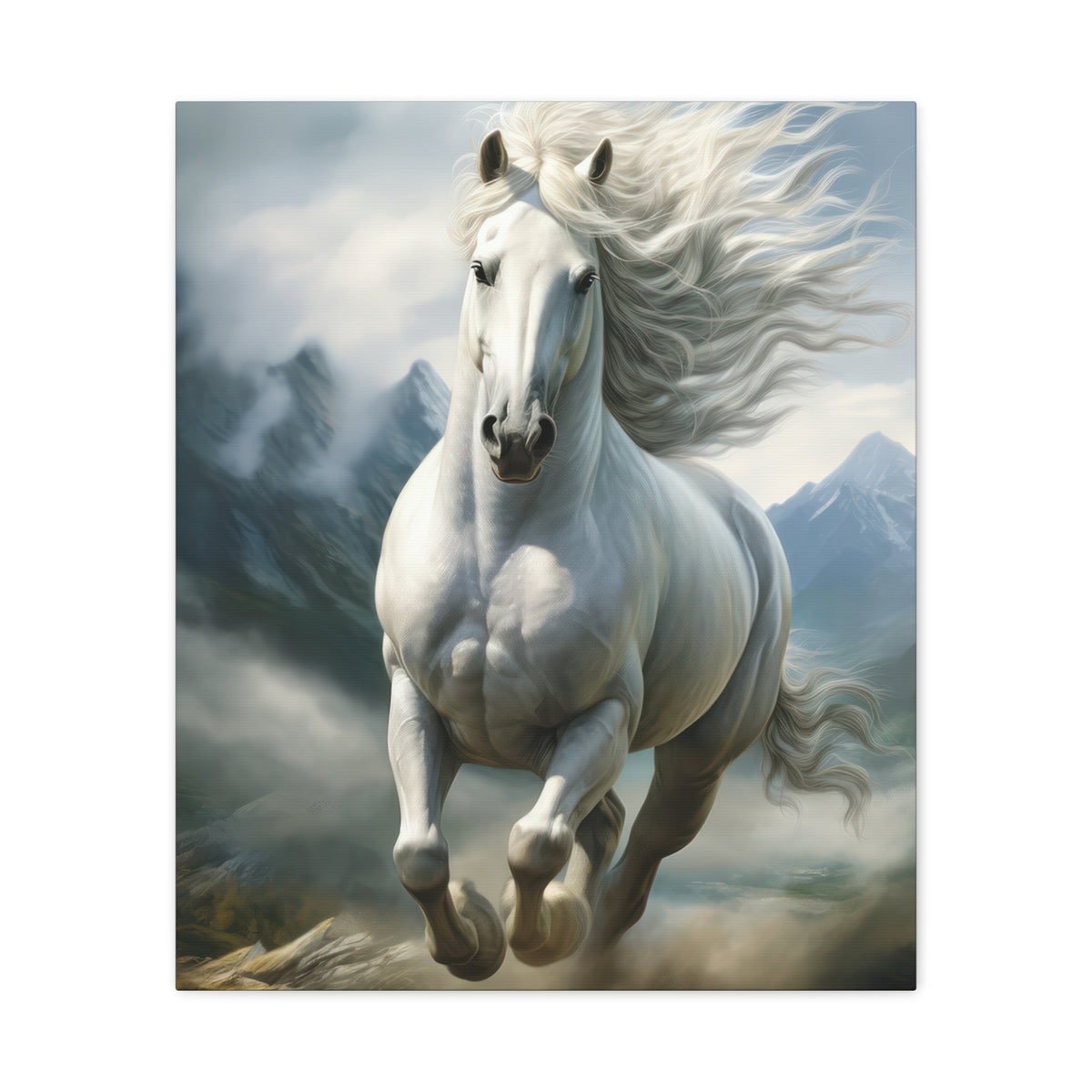 White Stallion Canvas Print – Majestic Galloping Horse Wall Art