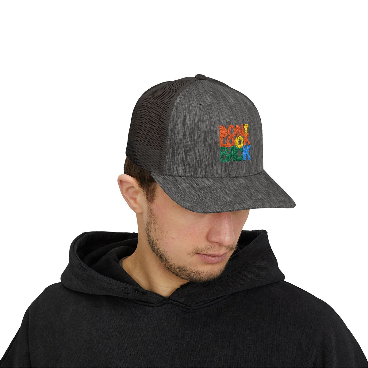 Don’t Look Back Snapback Trucker Cap — Retro Rainbow Embroidered Hat
