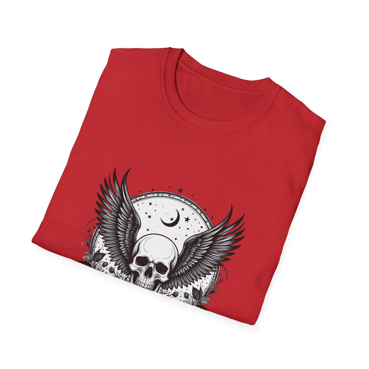 Skull Wings T‑Shirt – Crescent Moon & Red Roses Gothic Graphic Tee