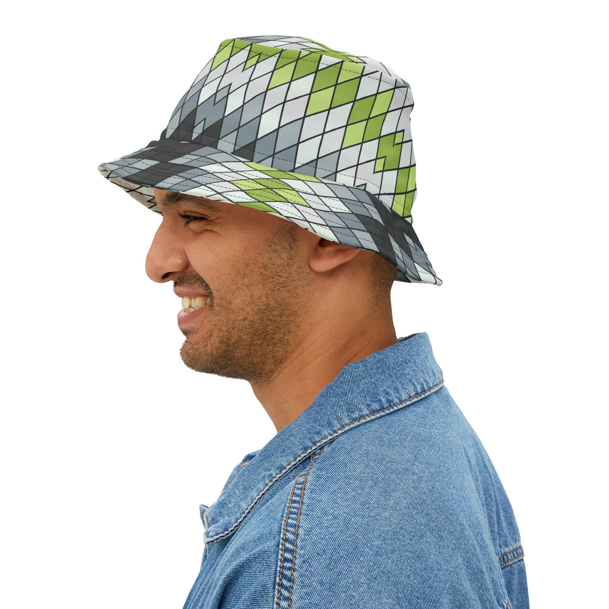 Argyle Geo Bucket Hat — Green & Gray Patterned Summer Sun Hat