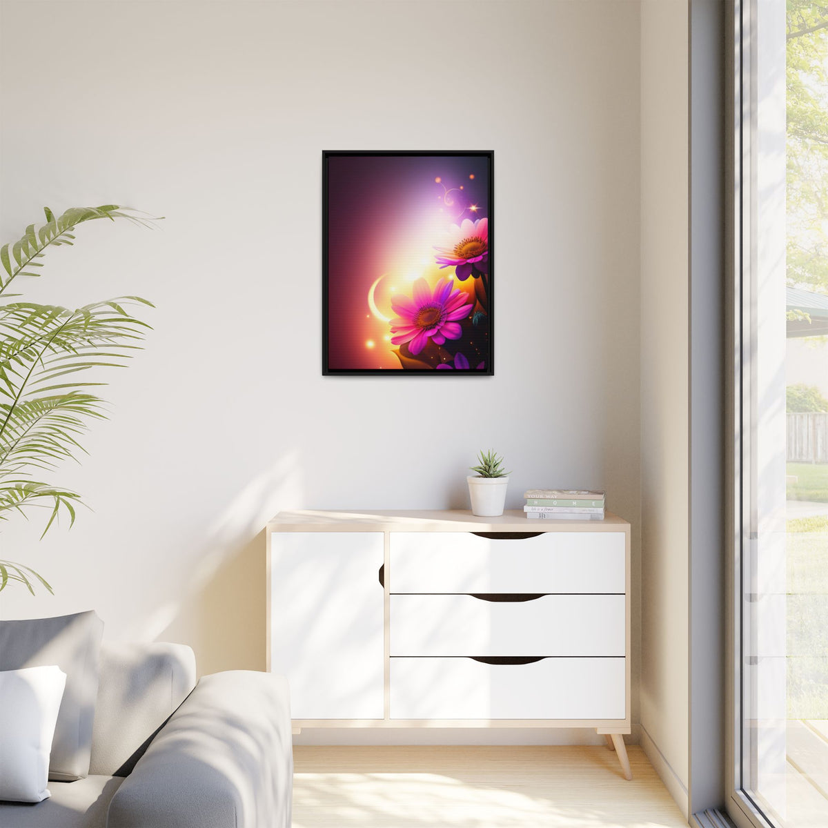 Framed Floral Canvas Art — Pink Daisies Sunset Wall Print