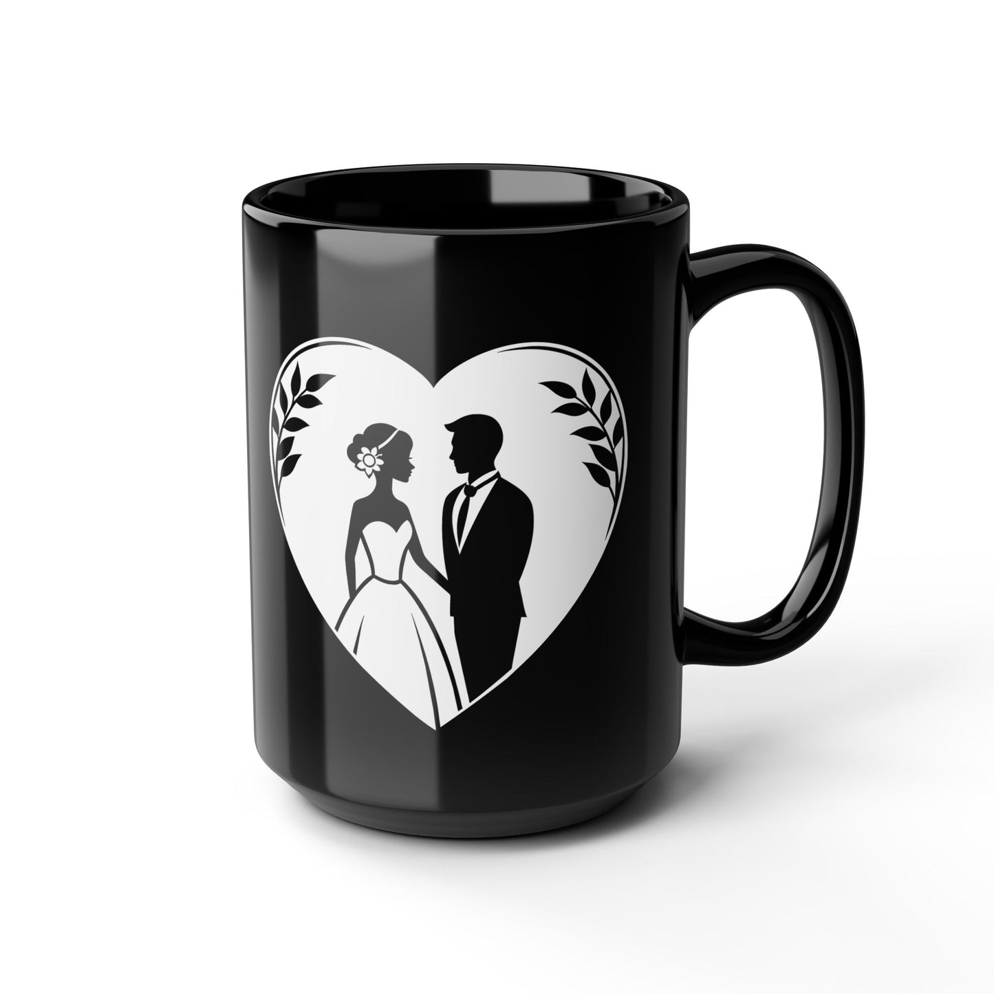 Wedding Couple Heart Black Mug — 15oz Brides & Grooms Coffee Cup