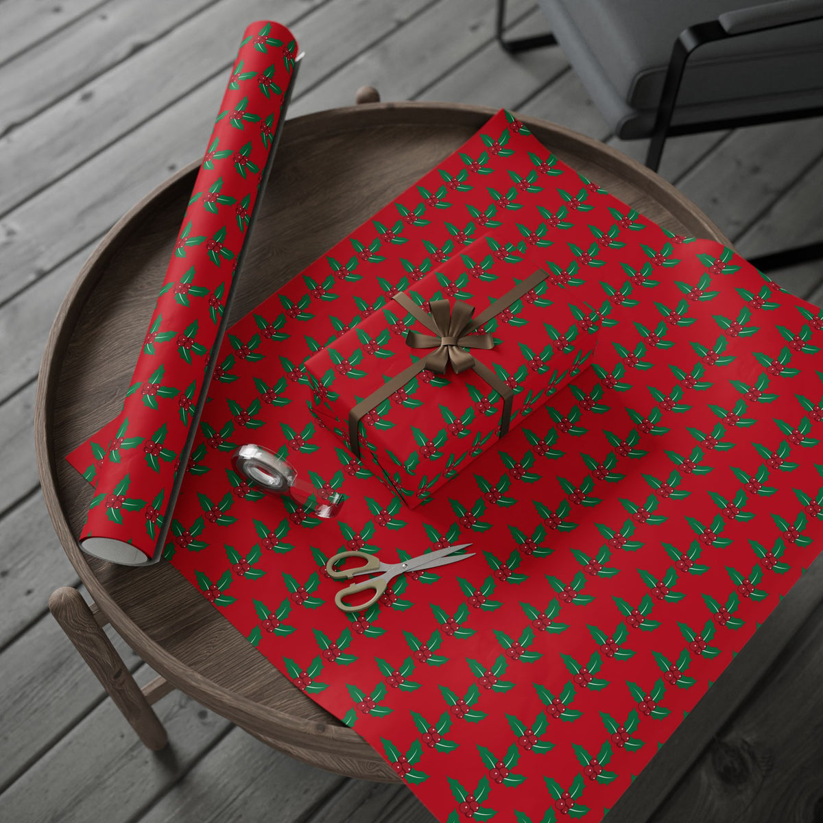 Festive Wrapping Paper Roll | Holiday Gift Wrap | Christmas Gift Wrap | Red Holly Design | Eco-Friendly Gift Wrap