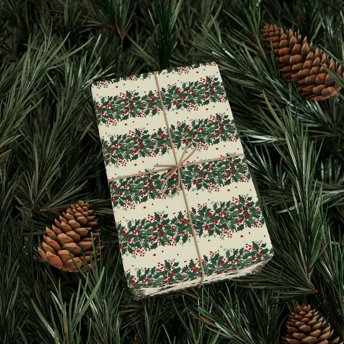 Holiday Pine Sprig Wrapping Paper Roll — Festive Green & Red Gift Wrap