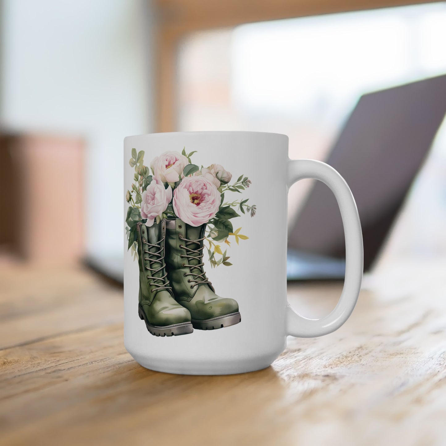 Floral Combat Boot Mug — Military Green Boot with Pink Roses Ceramic Coffee Cup (11oz & 15oz)