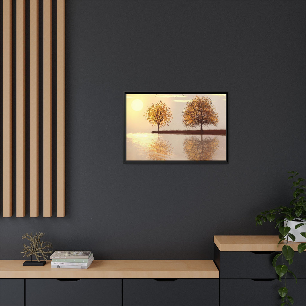 Framed Matte Canvas Wall Art — Golden Autumn Trees Reflection