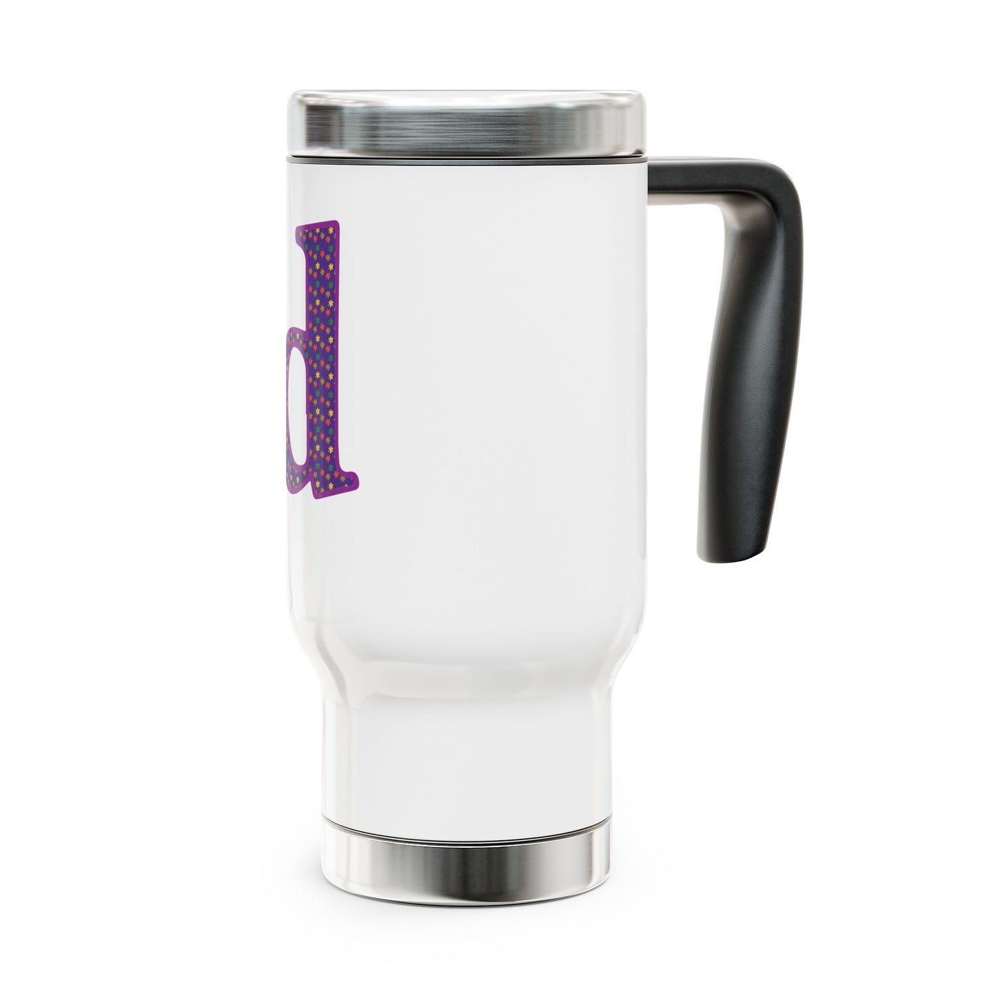 Monogram 'd' Purple Polka Dot Travel Mug – 14oz Stainless Steel with Handle