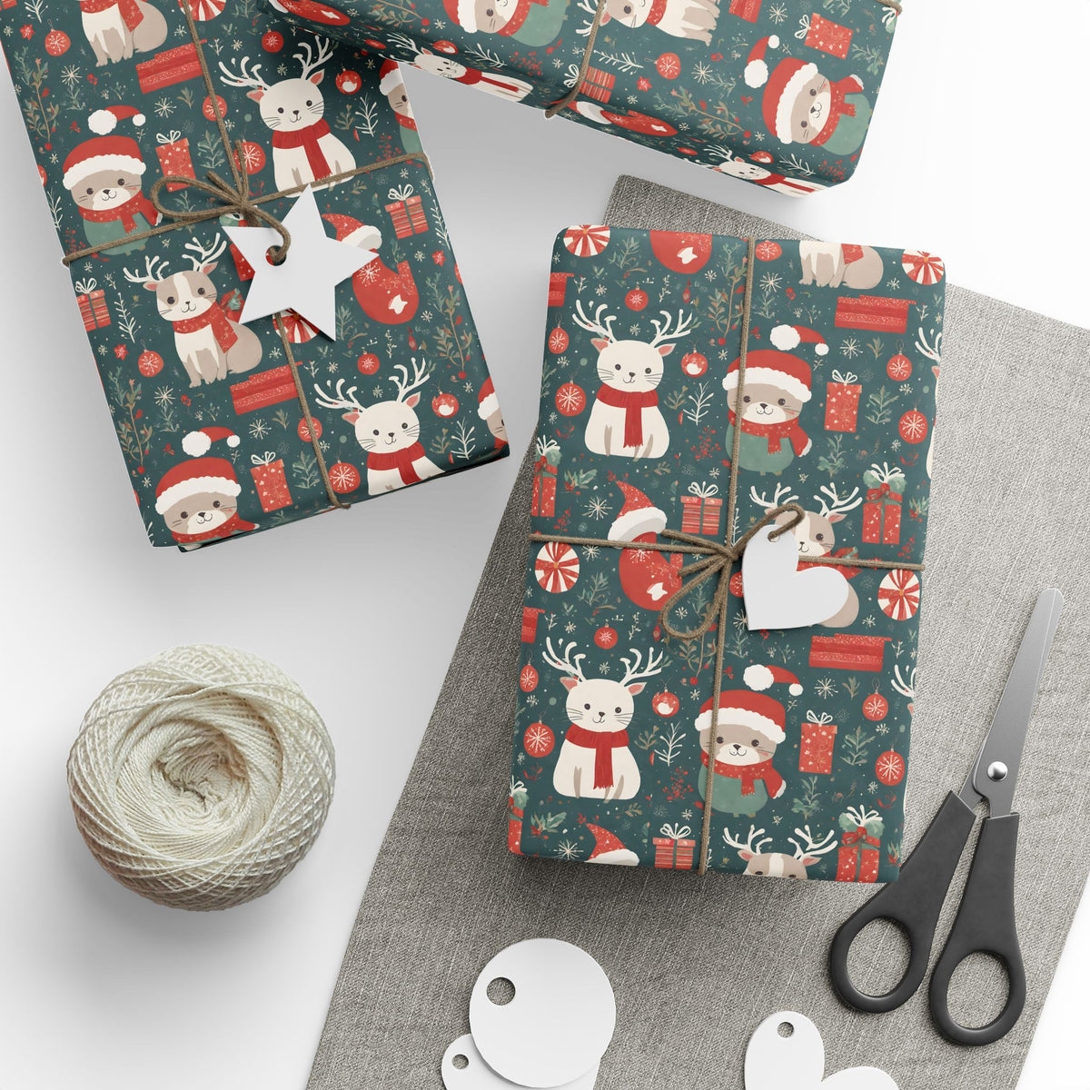 Christmas Wrapping Paper Roll — Cute Santa & Reindeer Pattern, Holiday Gift Wrap