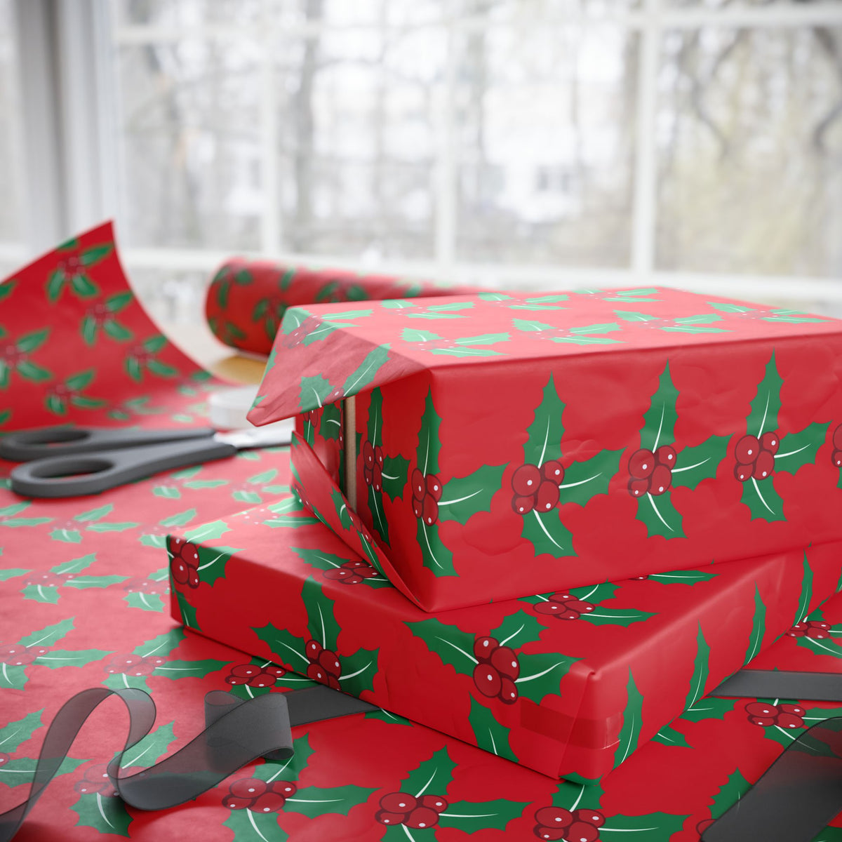 Festive Wrapping Paper Roll | Holiday Gift Wrap | Christmas Gift Wrap | Red Holly Design | Eco-Friendly Gift Wrap