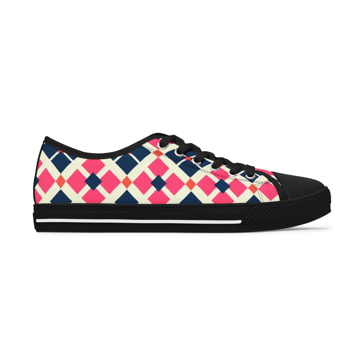 Argyle Pattern Low Top Sneakers — Pink Navy Geometric Casual Shoes