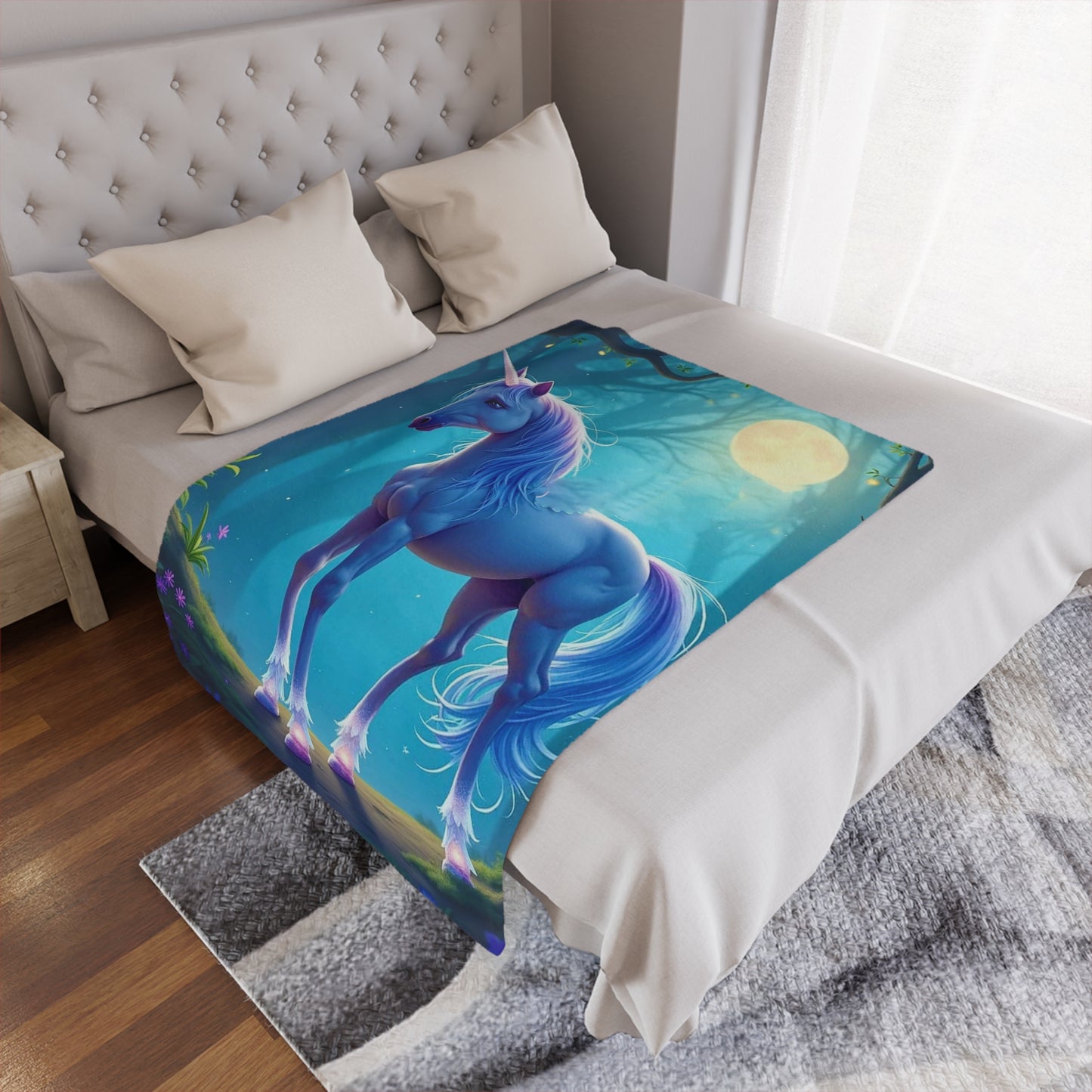 Enchanted Blue Unicorn Minky Blanket — Soft Magical Fantasy Throw for Kids & Teens