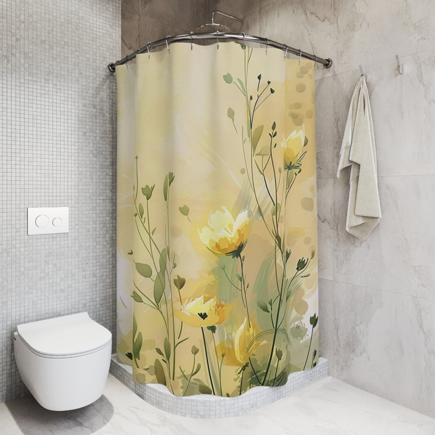 Floral Meadow Shower Curtain — Soft Yellow Wildflower Bathroom Curtain