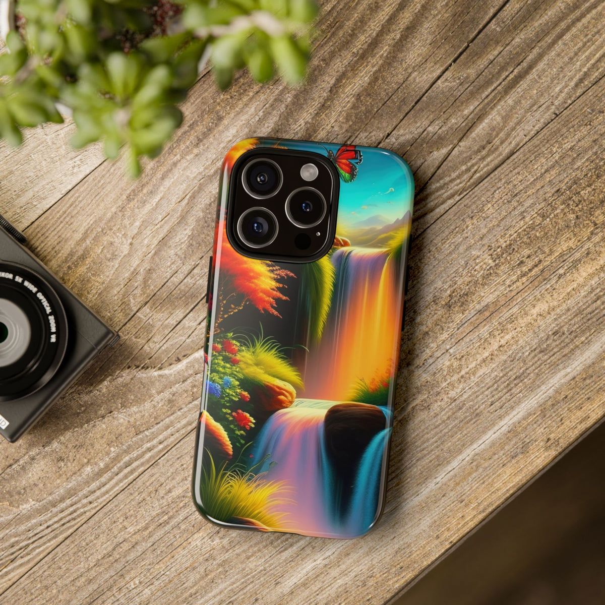 Phone Case - Vibrant Waterfall Landscape with Butterfly | Colorful Nature Protective Case