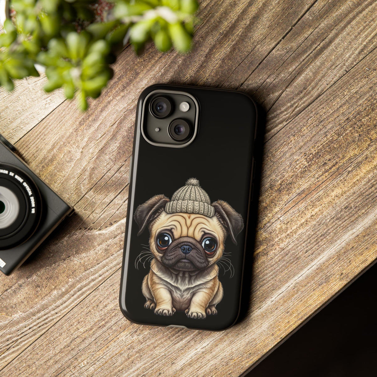 Pug Phone Case – Cute Pug Puppy Illustration on Black Tough Case