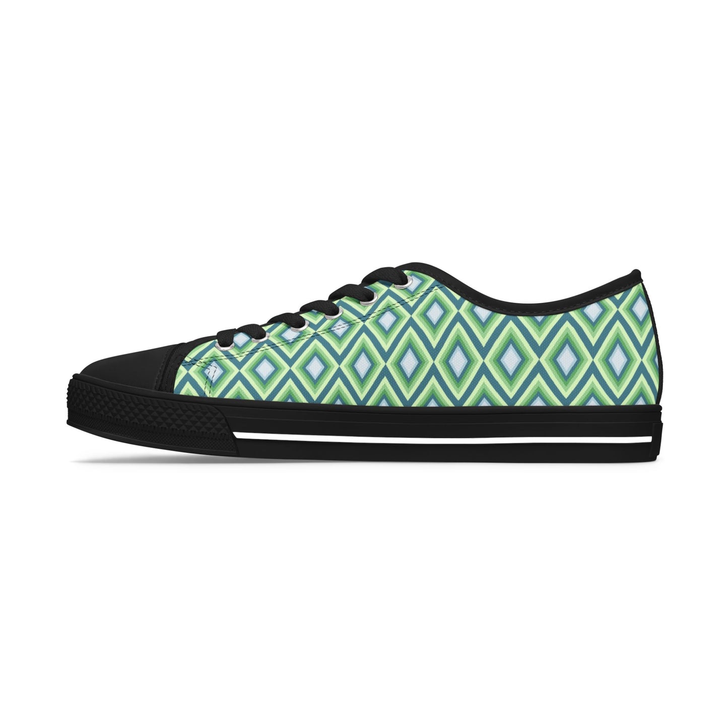 Green Geometric Diamond Pattern Women's Low Top Sneakers — Casual Retro Graphic Tennis Shoes