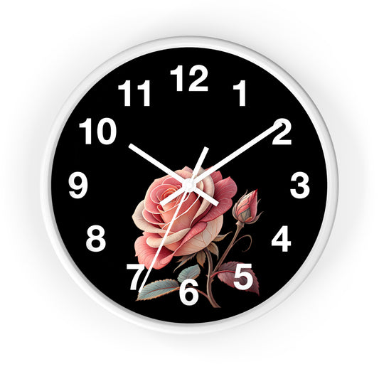 Floral Vintage Wall Clock | Home Decor, Gift for Her, Black Background, Rose Design, Elegant Timepiece