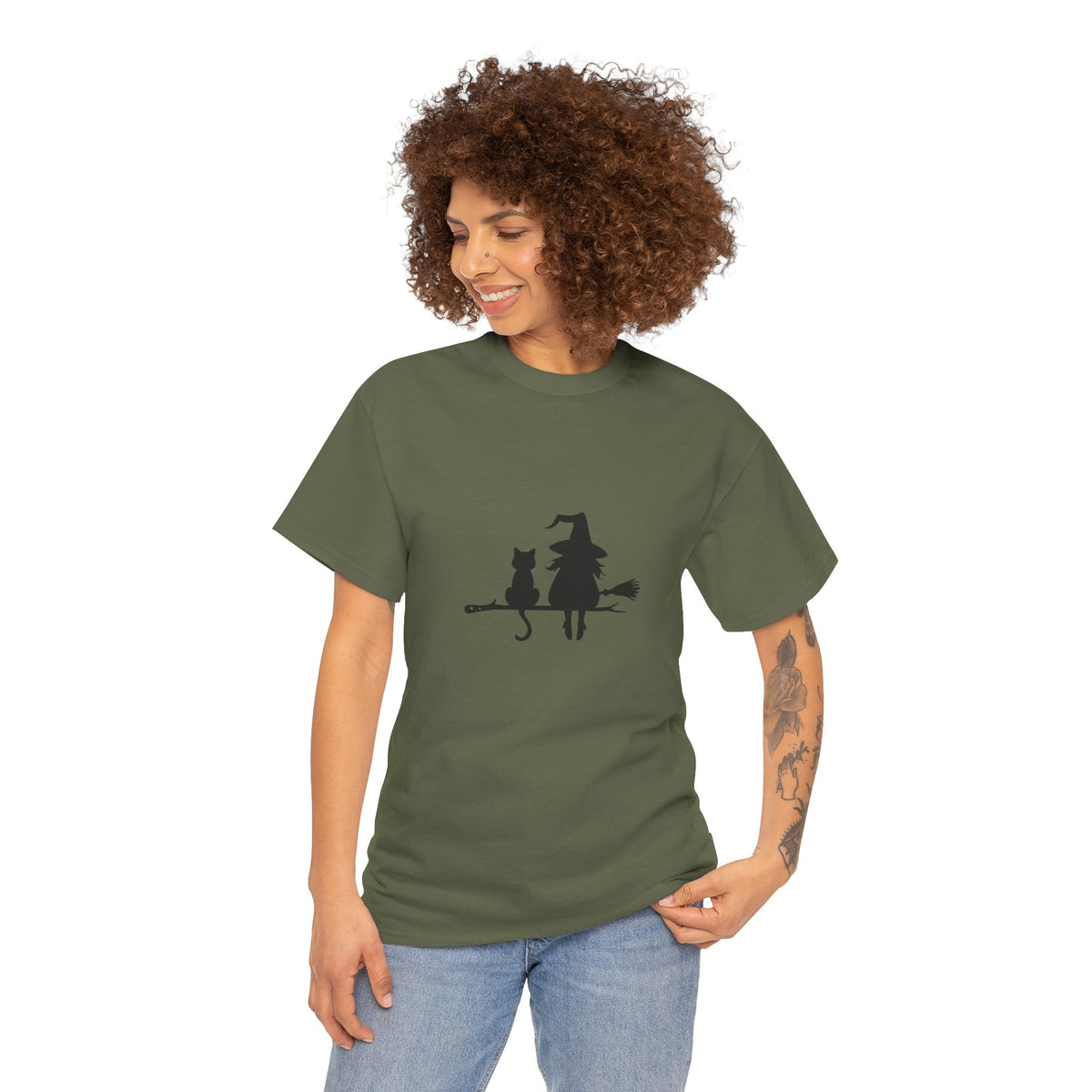 Witch and Cat Tee | Spooky Unisex Shirt for Halloween | Cute Witchwear for Cat Lovers | Fall Wardrobe Essential | Gift for Magical Friends