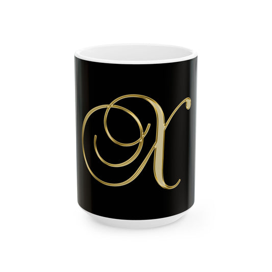 Gold Script Letter 'X' Ceramic Mug — Elegant Monogram Coffee Cup (11oz, 15oz)